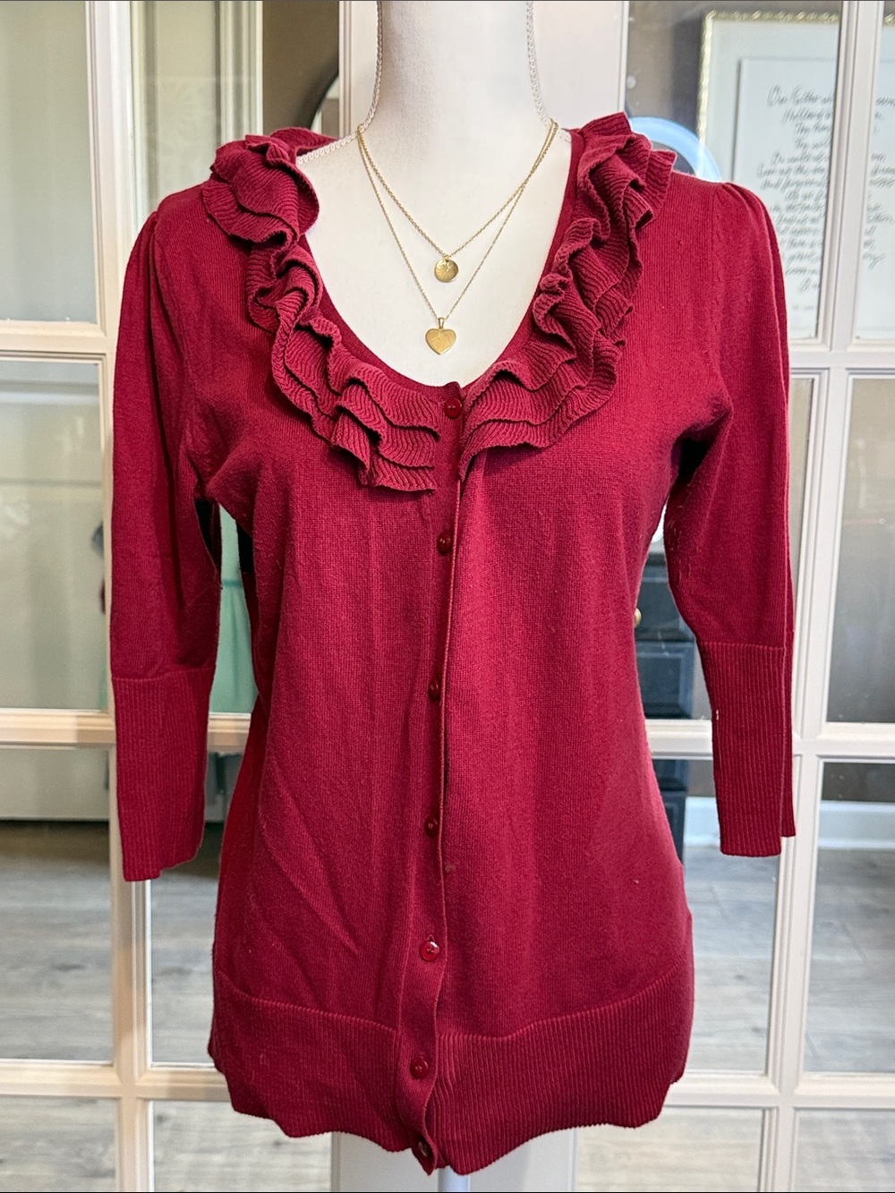 MAURICES Burgundy Ruffle V-Neck Cardigan Sweater L Feminine Coquette Balletcore